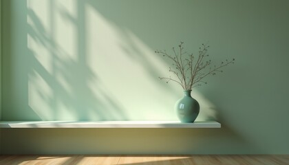 Minimalist vase with dried branches against a soft green wall