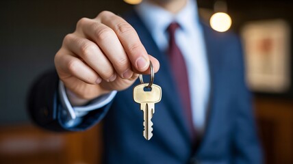 A young man in a suit holding a key, symbolizing opportunity and success in business.