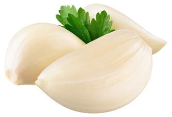 Garlic cloves png. Peeled garlic clove on transparent background. Perfect retouched garlic with parsley no background. Transparent png. Full depth of field.