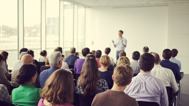 A diverse group of professionals attentively listening to a speaker in a bright conference room.