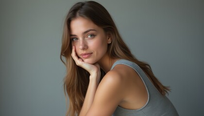 Naklejka premium Beautiful young woman with long hair resting her chin on her hand