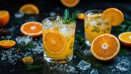 Fototapeta premium Orange Citrus Drink with Pine Needles on Dark Background