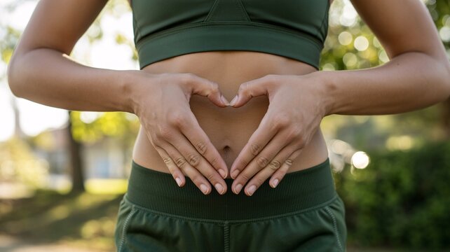 Young woman of Asian descent showing love for her body with heart gesture on her stomach outdoors.