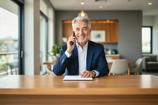A mature, smiling man in a business suit speaks on his phone while seated at a modern desk in a bright, open-plan office. - Powered by Adobe