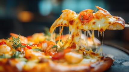 Gourmet seafood pizza with melted cheese and vibrant toppings on crispy crust, a delicious culinary delight