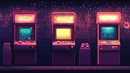 Four retro arcade cabinets, pixelated, glowing with neon colors, against a brick wall.  Sparkles and confetti scattered throughout the background