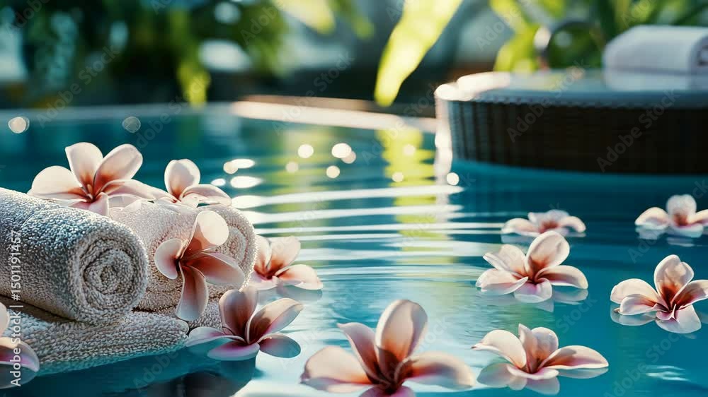 Poster a pool with flowers floating on the water and towels on the edge. the towels are white and are place
