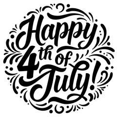 Happy 4th of July graphic design in circular decorative style. Elegant lettering with decorative elements for use in print and digital media.