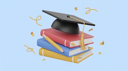 Graduation cap atop colorful books with a pencil, symbolizing academic achievement and celebration.