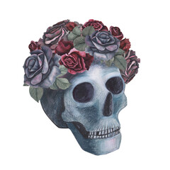 Scull with roses wreath gothic magical texture isolated on white background. Watercolor hand drawn day of the dead sketch illustration. Art for design mystical halloween witch decoration, scary card