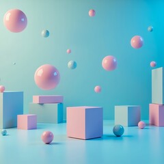 Abstract Pastel Pink and Blue 3D Render Floating Spheres and Geometric Cubes