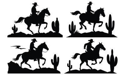 Fototapeta premium Vector silhouette collection of wild running horses and desert camels with riders, isolated black animal icons