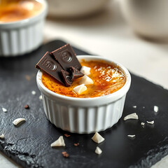 Coconut Crème Brûlée with Golden Sugar Crust in Porcelain Ramekin