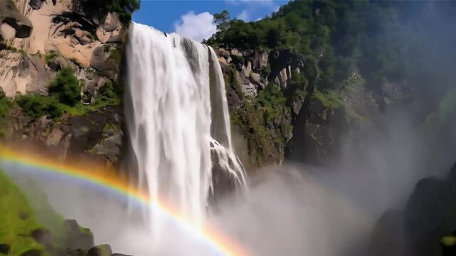 flying over a big beautiful waterfall in a tropical forest, falling water, rainbow from a waterfall