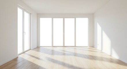 Fototapeta premium Sunlit Empty Room with Large Windows and Light Wood Floor
