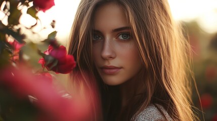 Naklejka premium Woman, roses, garden, sunset, beauty, portrait, serene, golden hour, skincare, ad