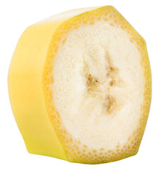 Banana slice isolated png. Sliced banana on white or transparent background. Cut banana no background. Round slice. Full depth of field. Transparent png.