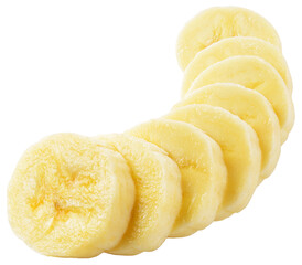 Banana slice isolated png. Sliced banana on white or transparent background. Cut banana no background. Round slices heap top view. Transparent png.