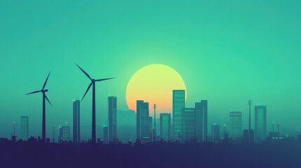 Obraz premium Renewable Energy Horizon: Modern city skyline embraces sustainable future, with towering wind turbines in the foreground, bathed in the warm glow of a setting sun.