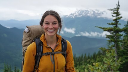 Naklejka premium Smiling woman backpacking in a scenic mountainous landscape environment