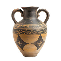 a medieval ceramic amphora with two curved handles decorated on isolated transparent background