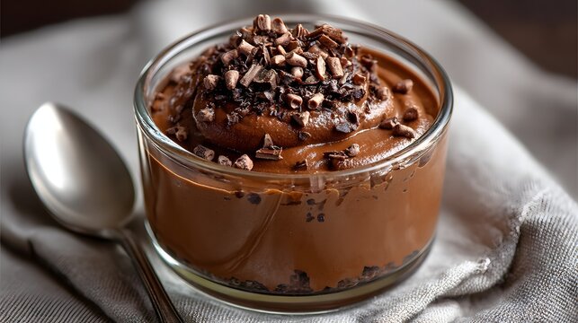 Chocolate mousse dessert topped with chocolate shavings in a glass bowl served with a metal spoon on a linen cloth. - Powered by Adobe