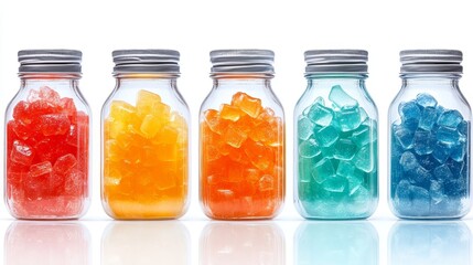Rainbow delight, a row of glass jars filled with vibrant frozen treats colorful