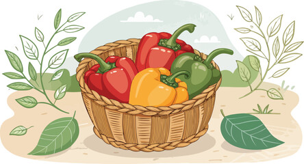 Capsicum in basket in natural background vector design, Capsicum vector design