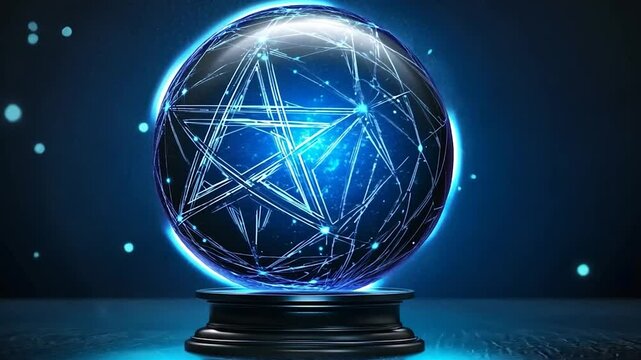 Mystical blue orb with a pentagram symbol, glowing with futuristic light