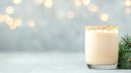 Eggnog Christmas Drink in Glass with Festive Lights