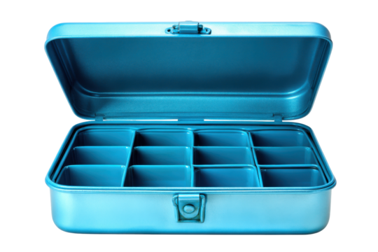 Open, partitioned blue box isolated on transparent background - Powered by Adobe