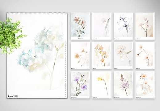 2026 Calendar with Botanical Watercolor Illustrations