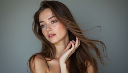 Naklejka premium Elegant woman with flowing hair against a soft gray background