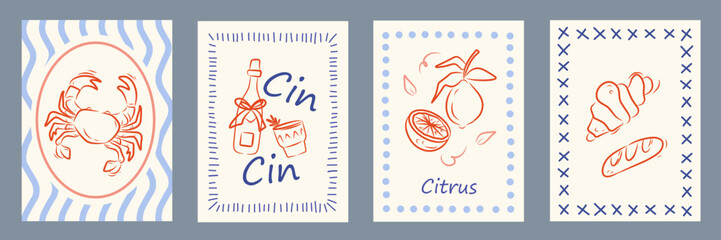 Summer Italy la dolce vita vintage posters. Amalfi or Sicily of postage stamps with image of Italian Mediterranean wine, crab, lemons, pastry wall decor. Vector illustration ink doodle sketch style.