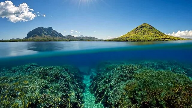 Spectacular split-level seascape view: Mountains above, coral gardens beneath, tropical paradise