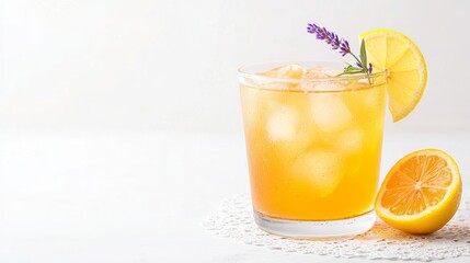 Fototapeta premium Iced tea with lemon and lavender garnish. Summer drink, refreshment, healthy beverage concept.