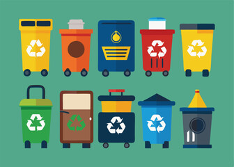 Recycling Bins. Containers for Different Types of Garbage. Containers of Different Colors. Set of Vector Illustrations.
