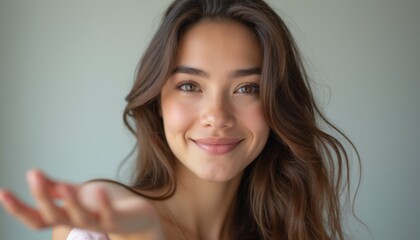 Fototapeta premium Smiling young woman extending her hand invitingly