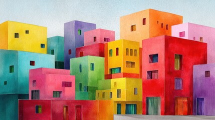 Colorful Cubic Cityscape Abstract Watercolor Architecture Painting.