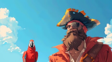 Fototapeta premium Stylized illustration of a pirate captain with a scarlet macaw parrot against a vibrant blue sky. Adventure, freedom, and buccaneer themes.