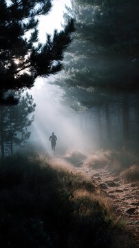 Fototapeta Trail runner moving through a misty pine forest in the morning