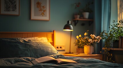 Comfortable bed dressed with soft linens and a book laid on top for cozy reading moments