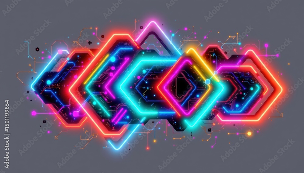 Aufkleber abstract neon shapes of different colors, overlapping and glowing against a gradient gray background