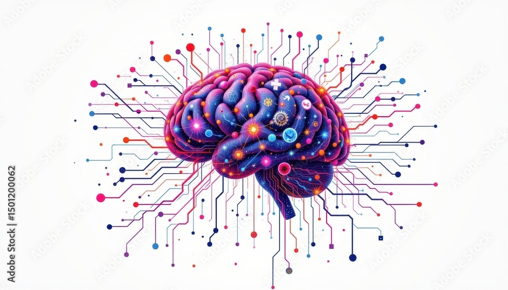 Aufkleber an artistic representation of the human brain connected to a network of colorful circuits, symbolizi