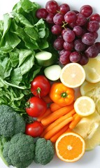 Assorted fresh fruits and vegetables arranged in a circular pattern.  Leafy greens, red tomatoes, yellow peppers, carrots, grapefruits, oranges, lemons,  grapes and broccoli are visible