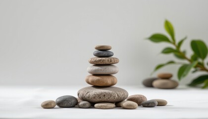 A serene stack of stones and a touch of nature. The arrangement symbolizes balance and tranquility.
