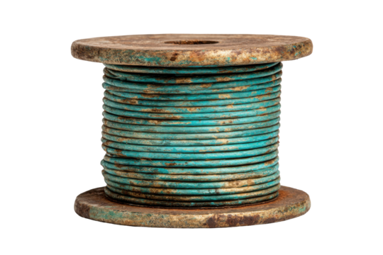 Teal wire on rusty reel isolated on transparent background
