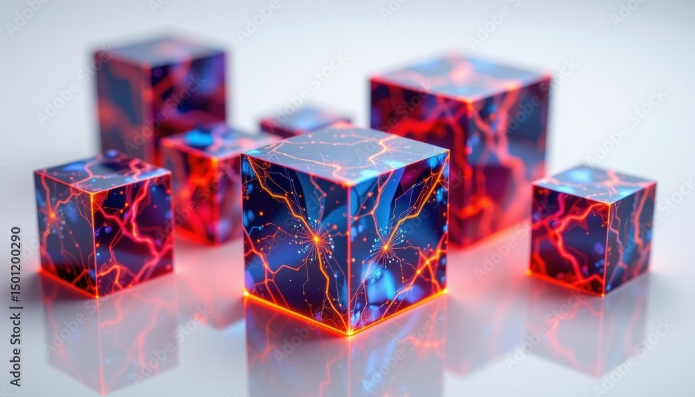 Poster abstract digital cubes glowing with energy, suggesting innovation and futuristic design. these inter