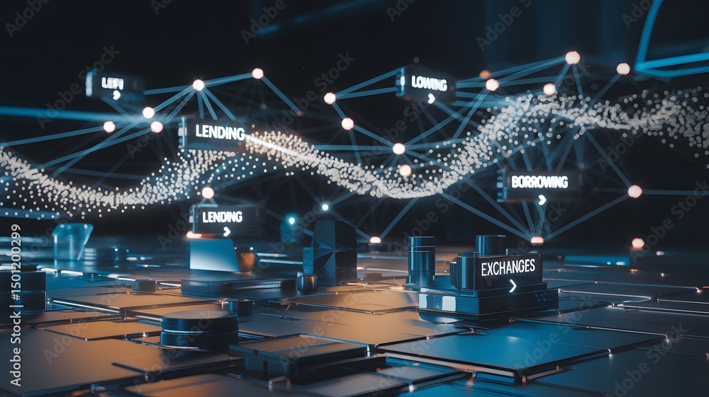 Poster digital finance network: a sophisticated digital network, aglow with interconnected nodes, represent