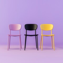 Three colorful chairs on pastel background representing choice, diversity, teamwork, individuality and modern minimal interior design concept